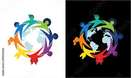 Diverse group of people holding hands around the globe, symbolizing unity and global community.
