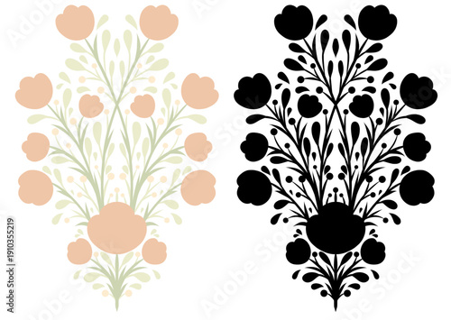 Vector set of floral bouquet illustrations in pastel and black colors. Collection of minimal folk art style flowers clip arts for wall art, home decor, stationery, wedding invitations, modern prints, 