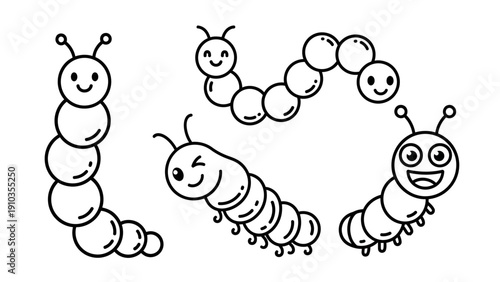 Caterpillars in various poses illustrated in a playful cartoon style