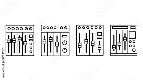 Vector illustration of a sound mixing board with various controls and sliders from a front viewpoint