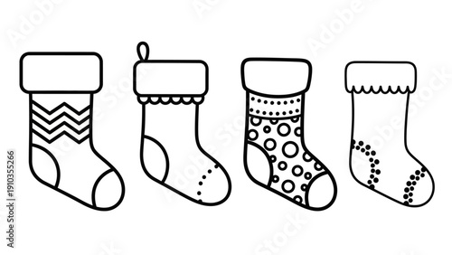 Set of four illustrated Christmas stockings with various patterns and designs hanging in a row