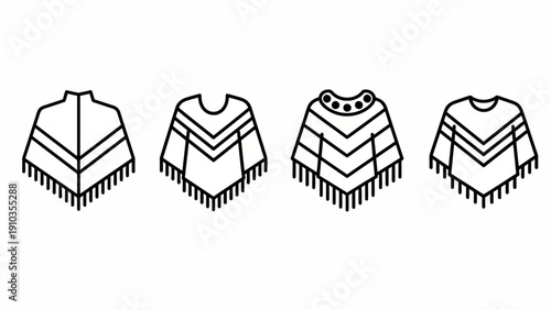 Vector illustration of ponchos with fringe details and layered designs displayed from various viewpoints.