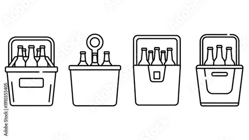 Illustration of various coolers and buckets with bottles and cans inside, viewed from the front