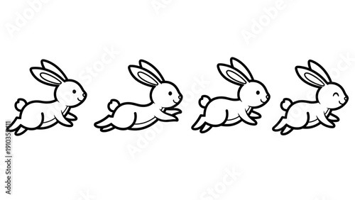 Four rabbits in a row running quickly across a plain white background, viewed from the side, as depicted in image (577).ai