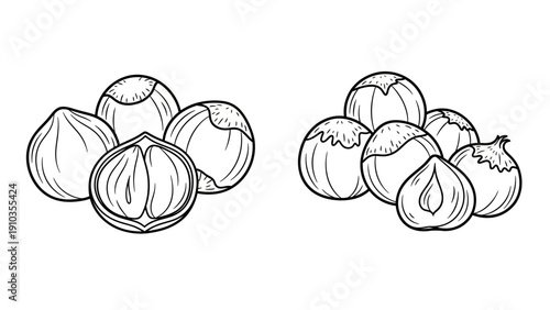 Illustration of assorted fruits displayed in two clusters on a plain white surface from a front viewpoint