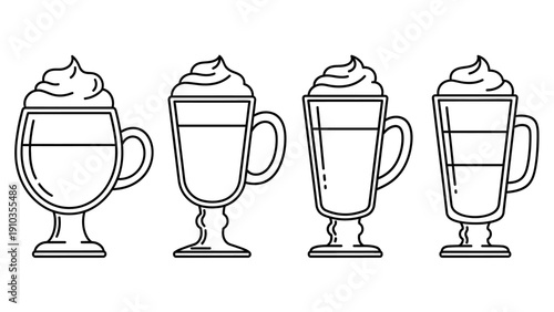 Vector illustration of four different coffee mugs and cups with whipped cream on a plain white background viewed from the front