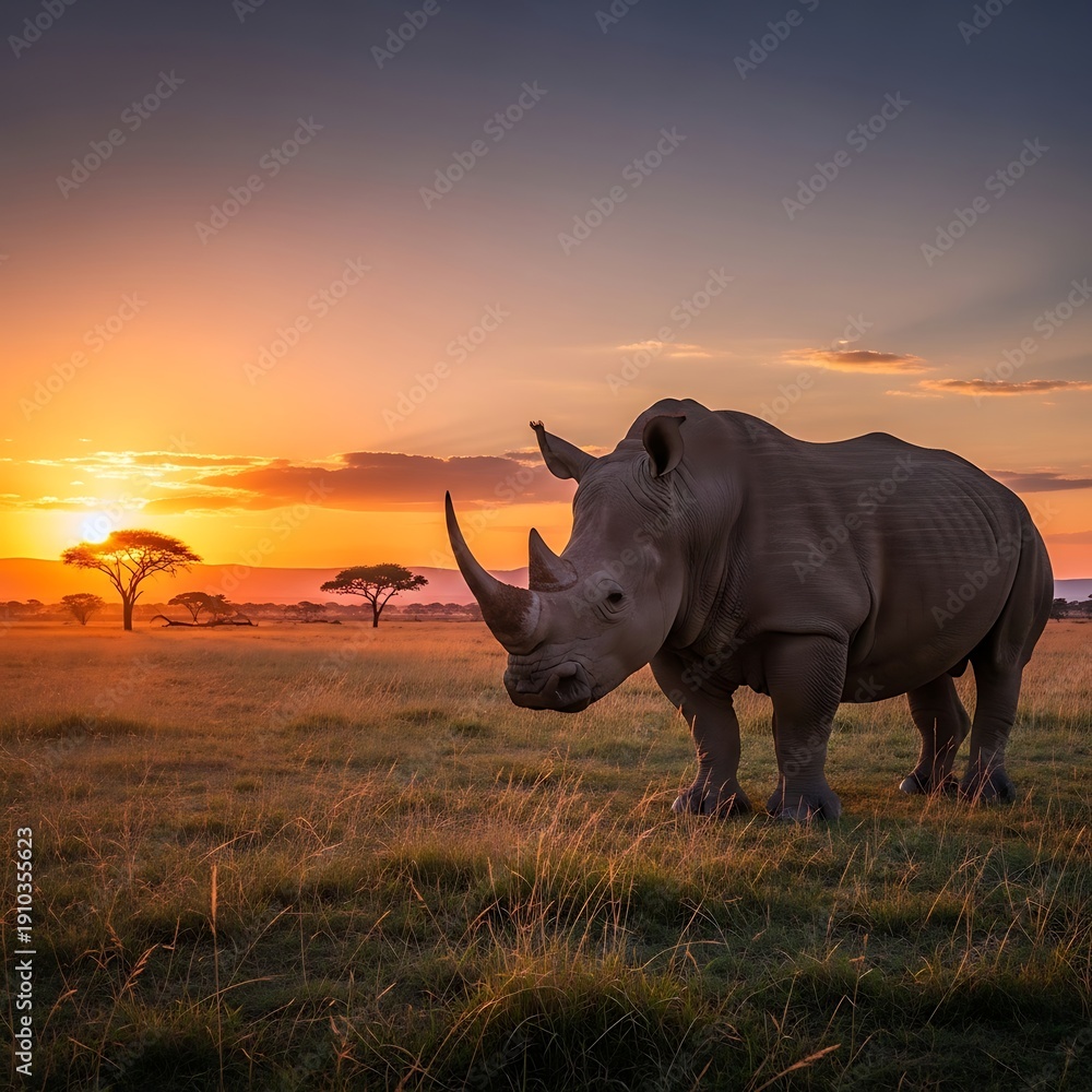 Fototapeta premium Rhinoceros in savannah at sunset with acacia trees.