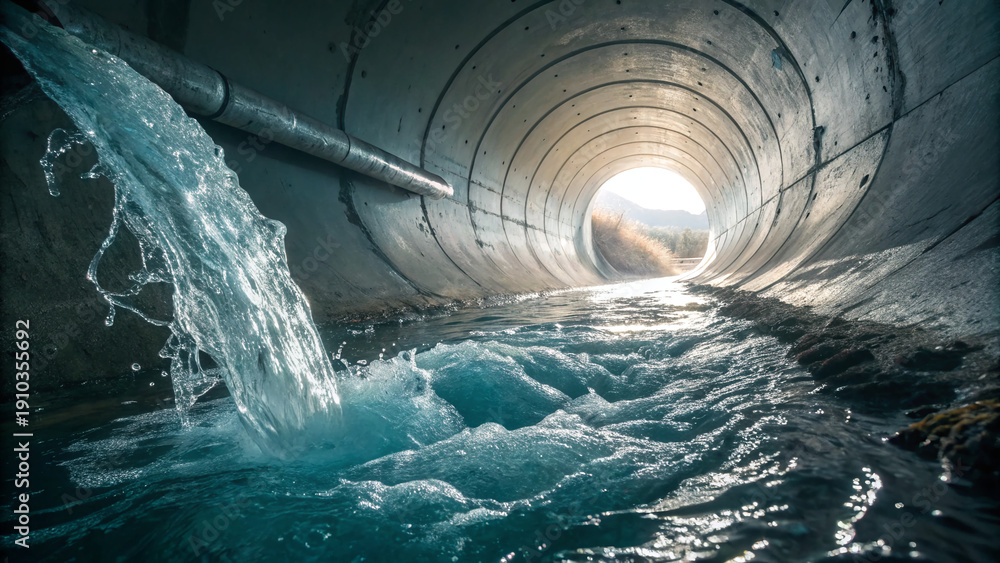 Fototapeta premium Water flowing from a pipe into a concrete tunnel with light at the end showing the way out