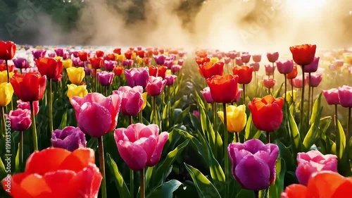 Dreamy field of tulips gentle morning mist