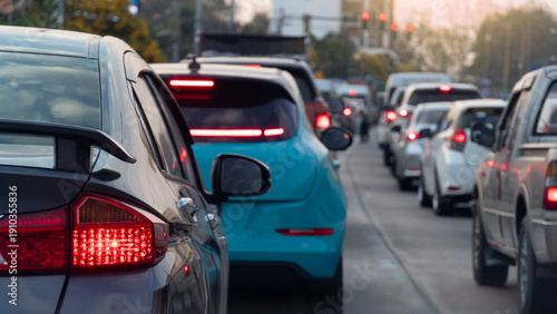Rear side view of luxury car with turn on brake light. Many cars parked in a queue on concrete road. There's a long line of traffic. Blurred of traffic red light conctrol and city with trees.