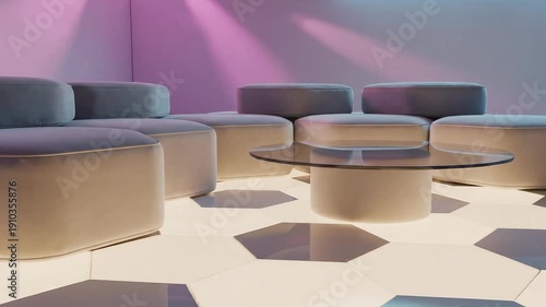 Dreamy living room with modular hexagonal sofa, glowing floor tiles ambient pastel haze