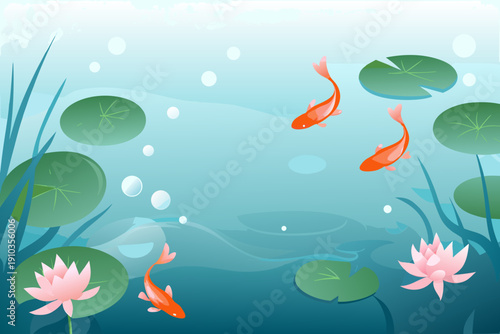 Tranquil pond scene with vibrant orange koi fish and lush greenery