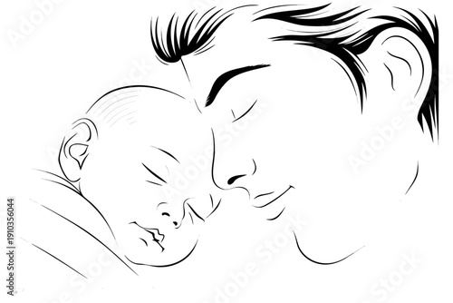Mother and baby sharing a tender moment depicted in black ink