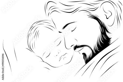 A tender moment father gently cradles a sleeping baby in his arms