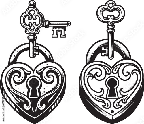 Ornate heart-shaped padlock with a vintage key, symbol of love and security