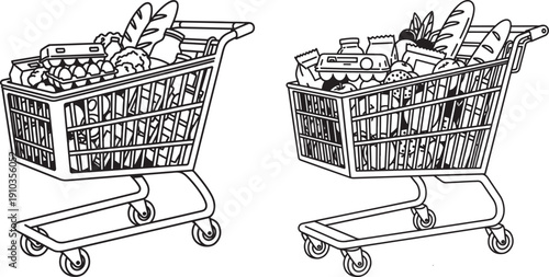 Two full shopping carts overflowing with groceries, concept of abundance and shopping