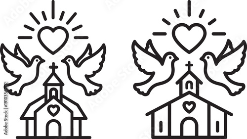 Line art icons of church building, doves, and heart with sun rays, wedding or baptism theme