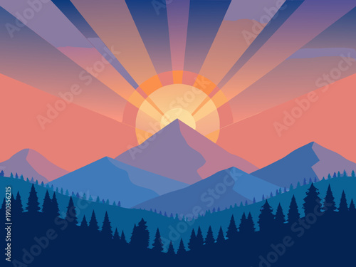 A vibrant sunset illuminates silhouetted mountains and a forest landscape