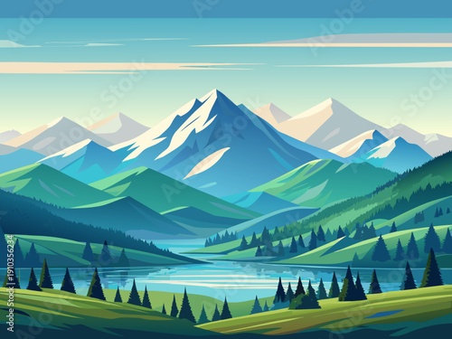 Serene mountain landscape with a calm lake and lush evergreen forests