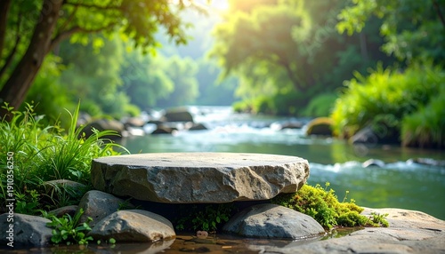 Serene Riverside Setting with Empty Stone Podium for Natural Product Showcase, Bathed in Golden Sunlight and Lush Greenery