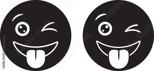 Two black silly smiley faces with tongues sticking out and winking eyes