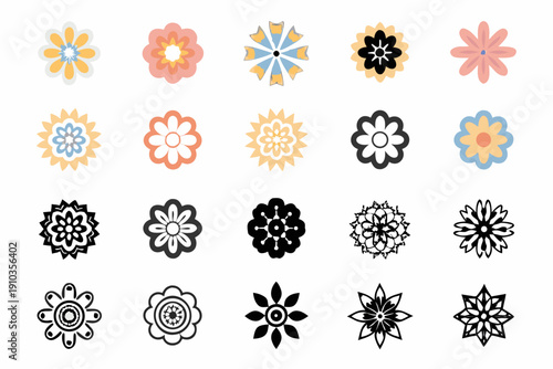 Collection of colorful and monochrome floral design icons in a grid layout