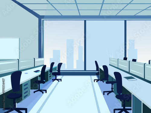 A brightly lit modern office space overlooks a sprawling cityscape