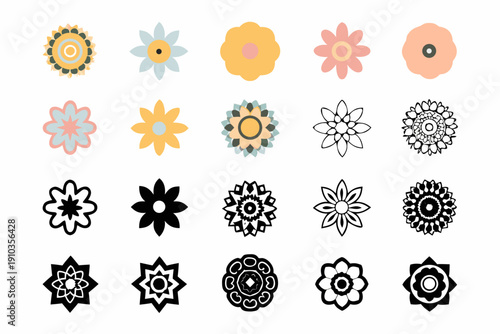 Collection of colorful and monochrome floral design elements in a grid