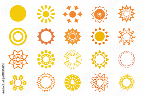 Collection of diverse sun and starburst graphic elements in orange and yellow