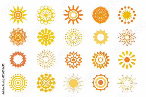 Variety of circular floral and sunburst designs in yellow and orange