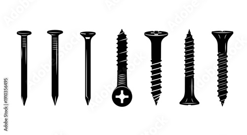 Collection of Various Black Screws and Nails.