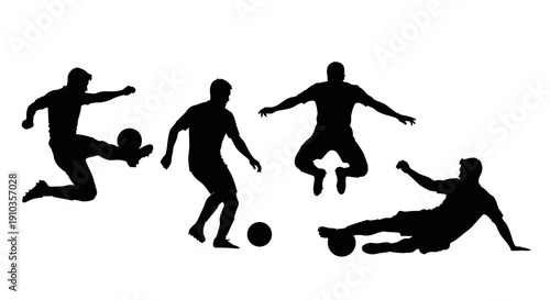 Silhouettes of four players in action during a soccer game against a white background.