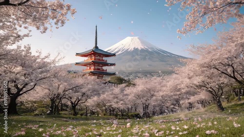 Serene Japanese Landscape with Pagoda and Cherry Blossoms.