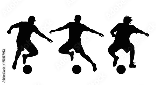 Three soccer players silhouette action in motion around a ball, dynamic group of athletes in play.
