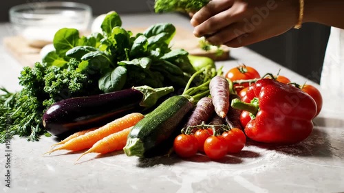 Hands arranging colorful organic vegetables on stone countertop