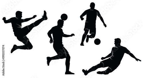 Silhouetted soccer players in dynamic action across the field during an outdoor match.