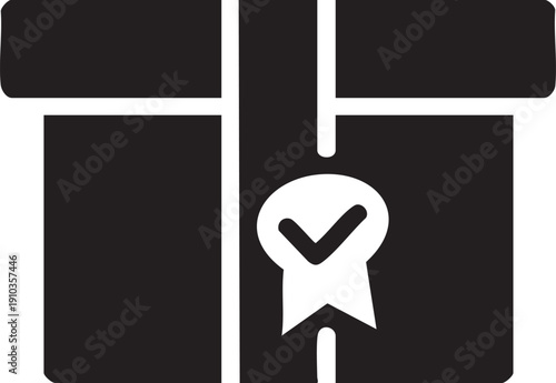 Gift box with approved ribbon icon signifying quality, award, or confirmed delivery