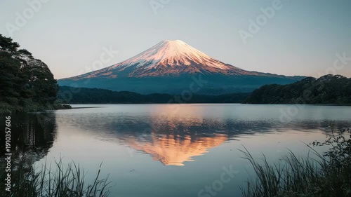 Serene Lake Reflection of Snowy Mountain Peak.