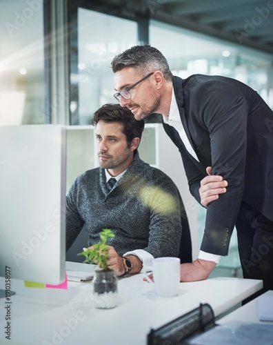 Computer, learning and business people in office for training, planning or explain, research and questions. Coaching, pc or man with manager online at digital agency for creative, goal or design help