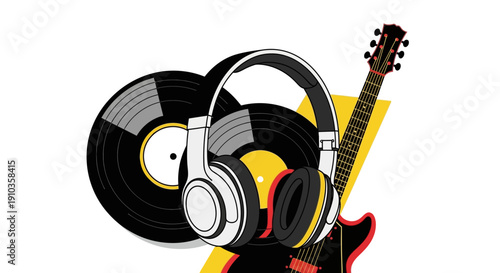 Vibrant music setup with guitar, vinyl records, and headphones