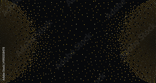 Abstract background with lot of tiny dot arranged in a circle. Glowing dotted glitter background. Golden effect. Simple gold round dots heap. Vector illustration.