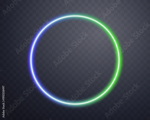 Glowing neon ring with glowing blue and green light effects, futuristic portal gateway, vibrant and LED illumination border, abstract vector frame composition.