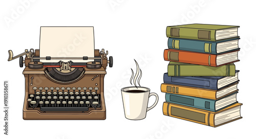 Vintage typewriter and steaming coffee beside colorful stacked books