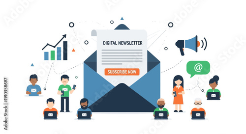Digital Newsletter Marketing Strategy Connecting Online Subscribers. Engaging Audience with Email Communication and Subscription Service