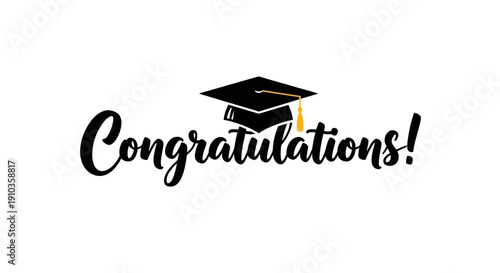 Elegant black and white illustration of 'Congratulations!' lettering paired with a traditional graduation cap, signifying academic success and celebratory events