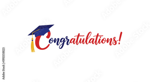 Congratulations! Text with Graduation Cap Illustration on a White Background