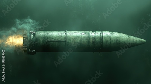 Underwater 3D rendered depiction of a torpedo-shaped projectile