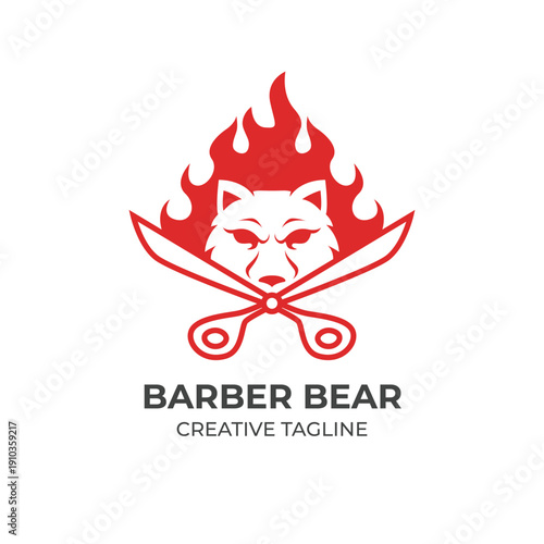 Bear Head with Flame and Scissors Barber Logo Flat Vector Design