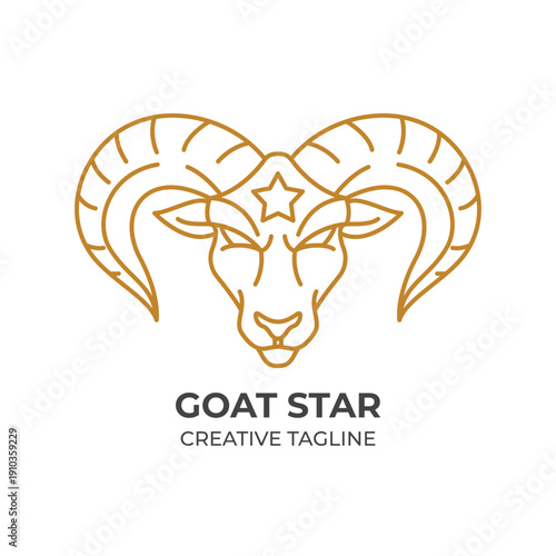 Goat Head Logo with Star Element Outline Flat Vector Design