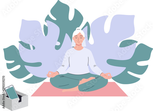 Elderly woman meditating in lotus pose surrounded by large stylized plants, embracing inner peace and mindfulness for a healthy lifestyle